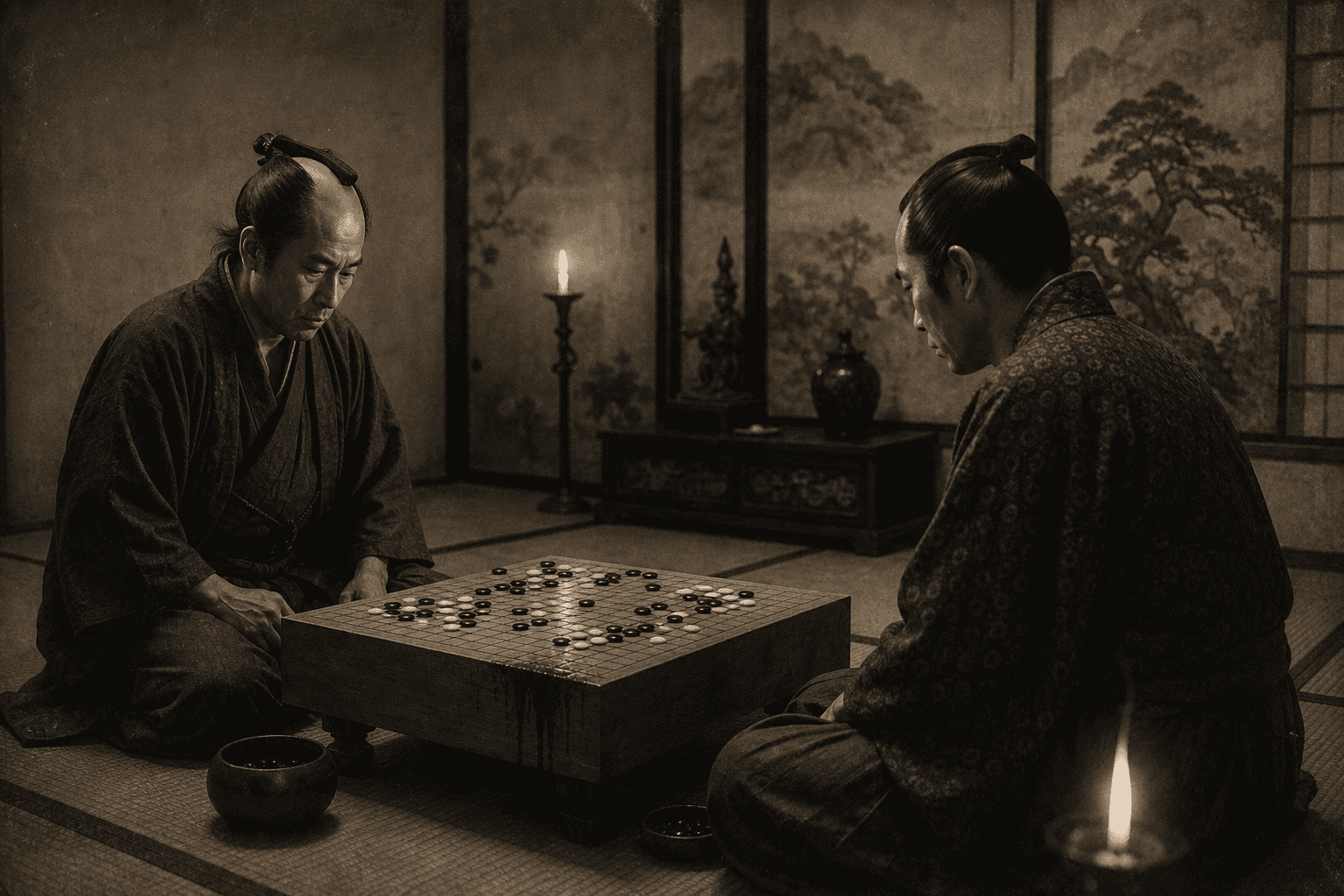 Edo-period go players at a candlelit board, 1835