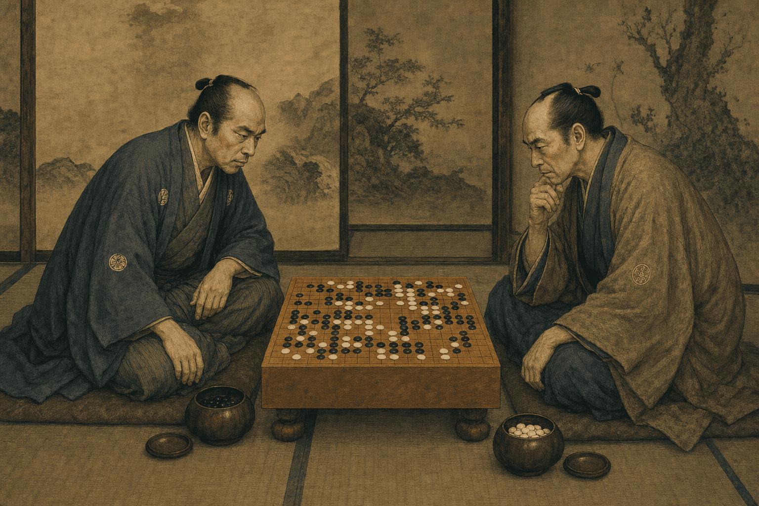 Honinbo Shuwa and Inoue Gennan Inseki at the go board, 1842
