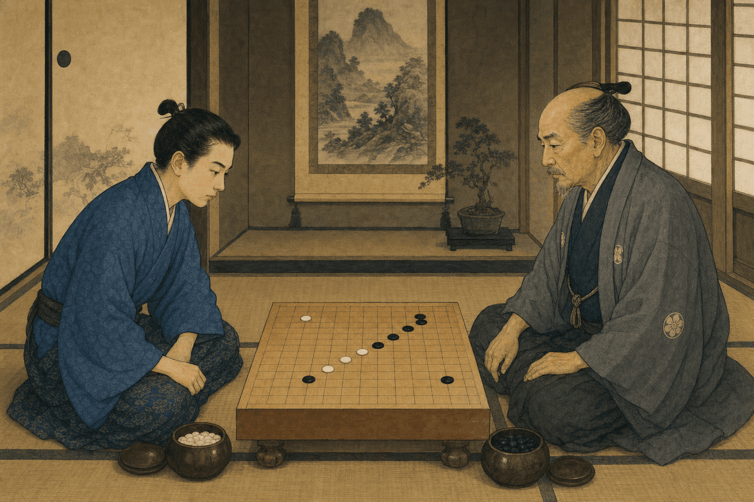 Honinbo Shusaku and Honinbo Shuwa at the go board, 1851